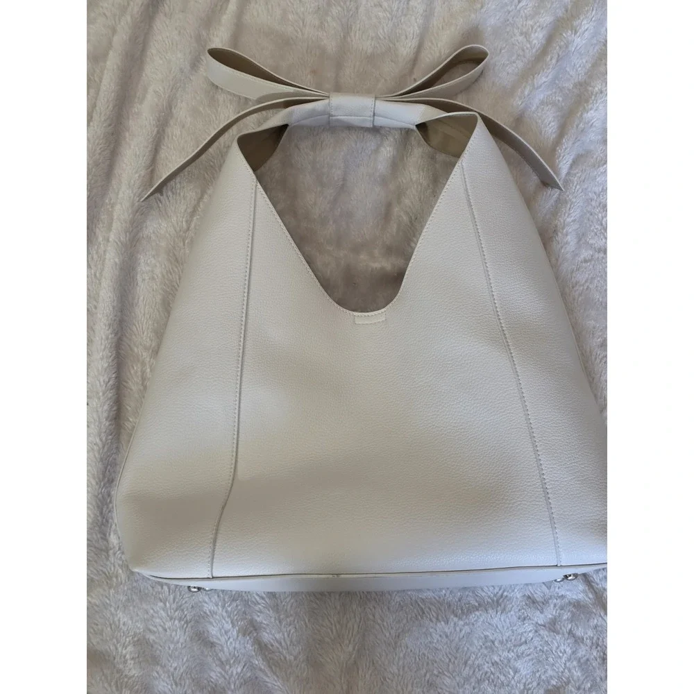 Large Pebbled Beige Vegan Leather Hobo Shoulder Bag Large Bow Strap